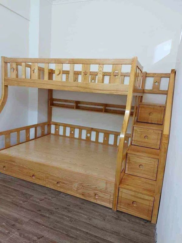 Giường tầng, gỗ tự nhiên, 1mx2, 5m cao 1, 6m, 2 tầng, ngăn kéo, có ngăn kéo dưới gầm tầng1, bậc thang có hộc để đồ